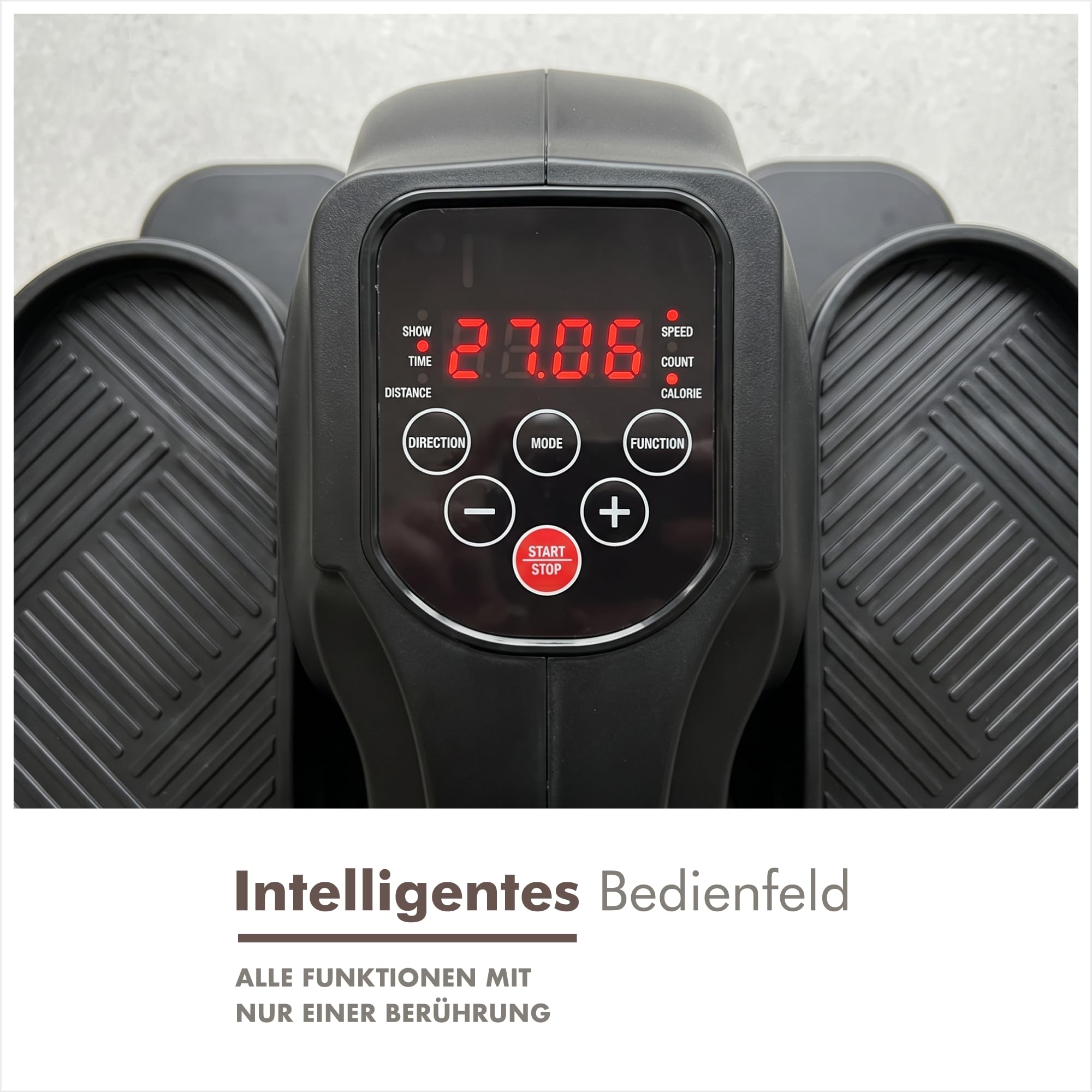 PORTENTUM Mini Ellipsentrainer elektrisch mit Widerstandsbändern – Matte und Schlaufen – Pedaltrainer für Senioren automatisch und manuell mit 12 Geschwindigkeiten – Fernbedienung – Kompakt für Büro