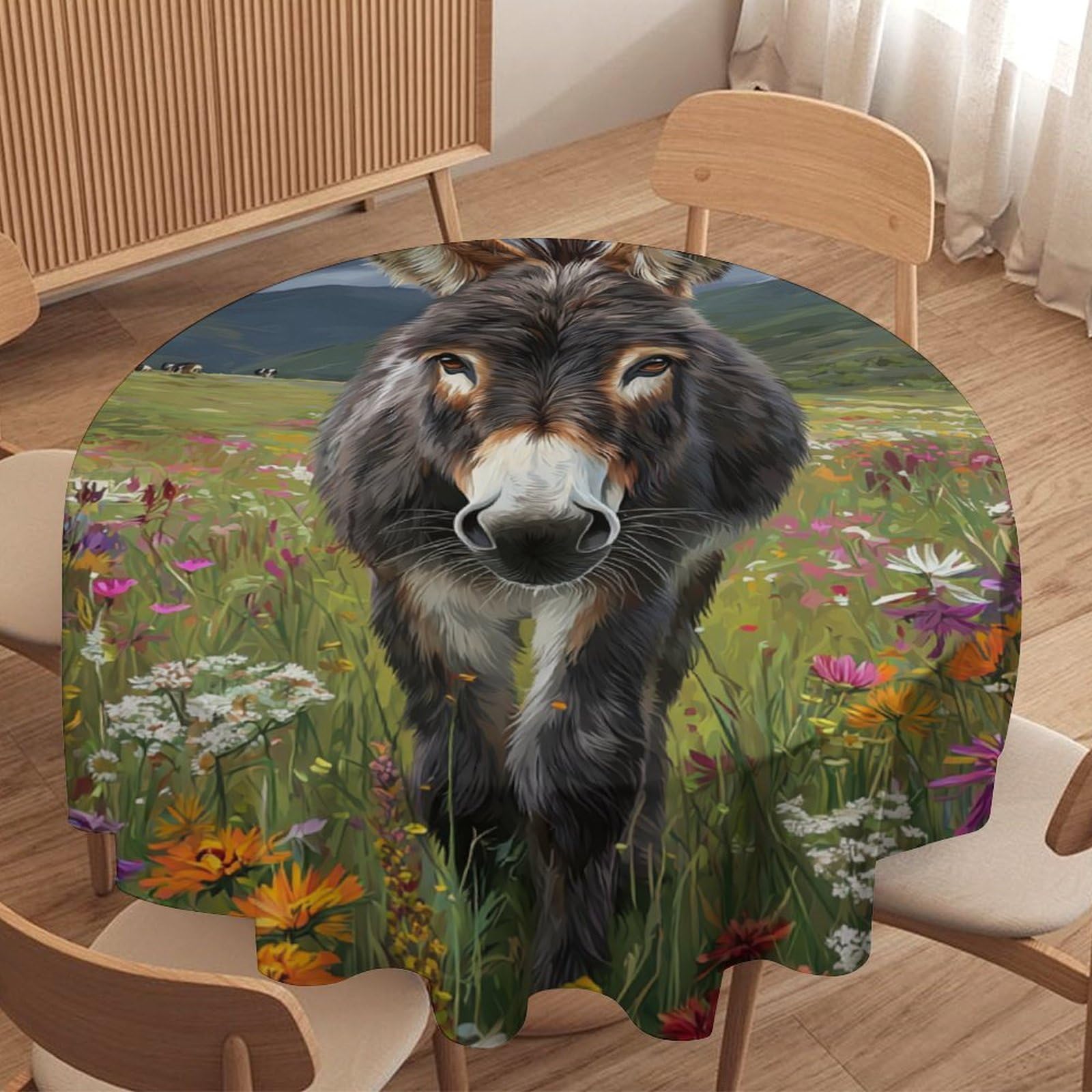 LUYYSKY Classic Watercolor Donkey Waterproof Round Tablecloth Modern Art Spring Fields Daisies Flowers Animal Donkeys Print Washable Table Cover for Kitchen-60 Wx60 L