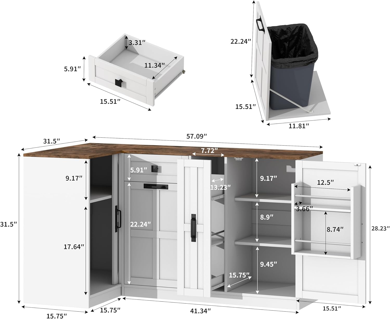 Corner Cabinet with Countertop, Kitchen Pantry Cabinet with Hidden Trash Storage Cabinet & 3-Tier Spice Rack, Farmhouse L-Shaped Sideboard with Doors & Adjustable Shelf for Dining Room, White