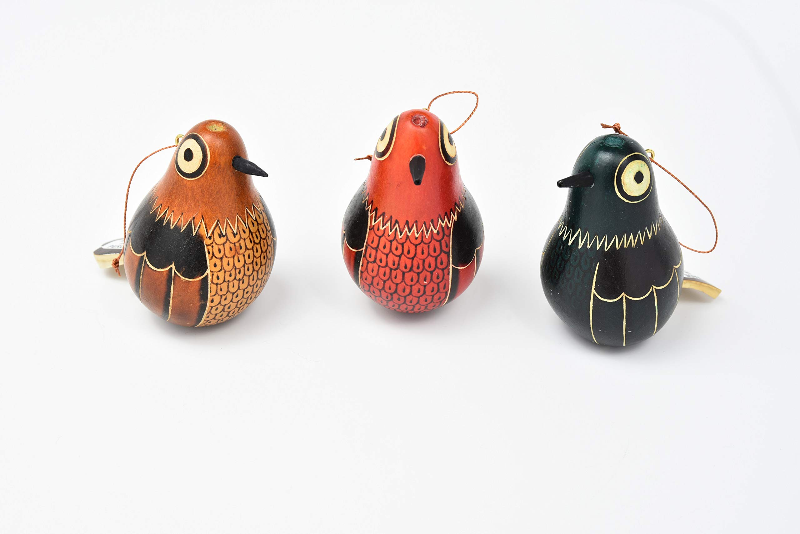 Folk Art Peru Gourd Bird Pigeon Ornaments Set (3) Hand Carved Calabash Multicolored