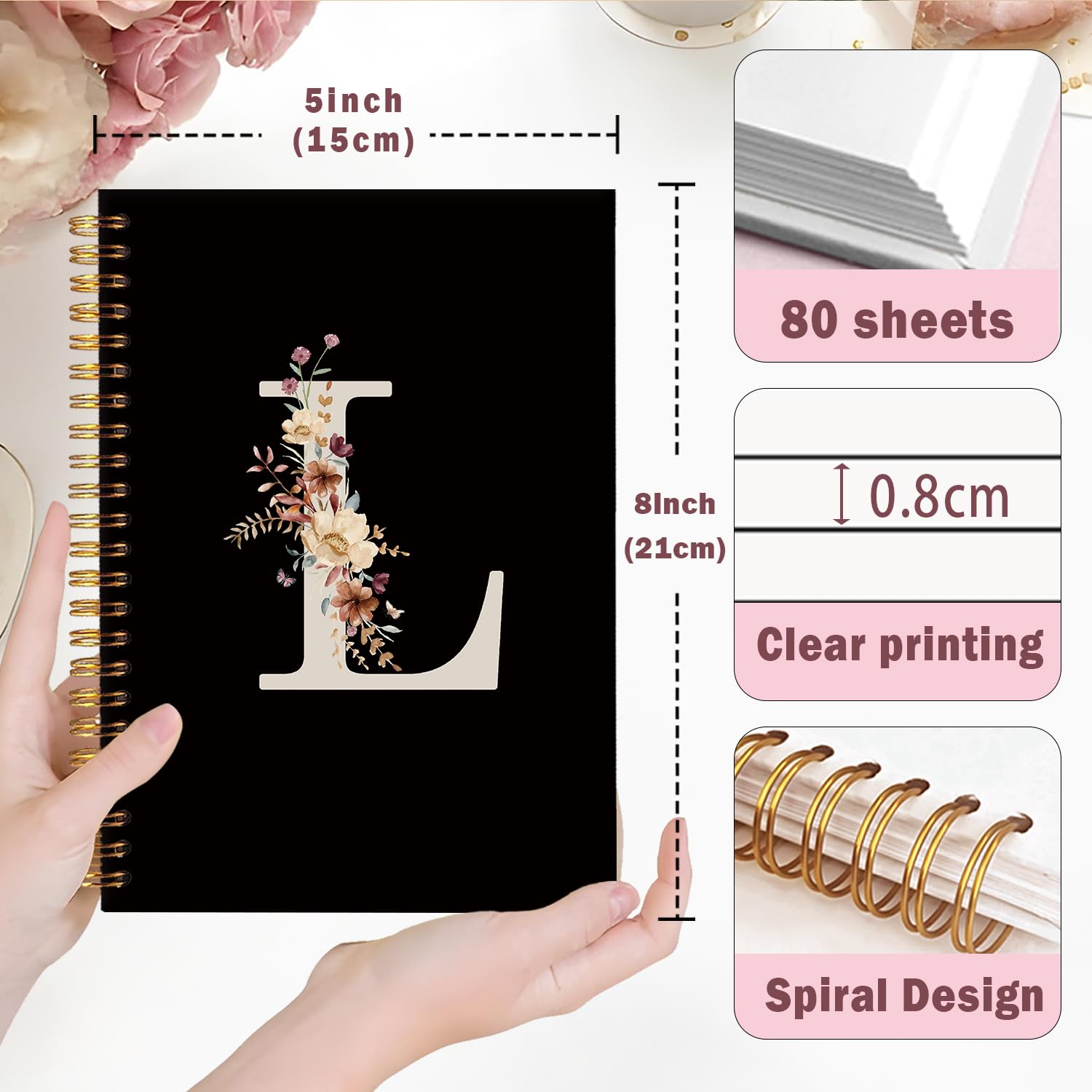 Lacama Simpatico diario scolastico con lettera iniziale L, taccuino a spirale nero personalizzato con fiori di campo estetico, materiale scolastico, regali con monogramma personalizzato, regali di