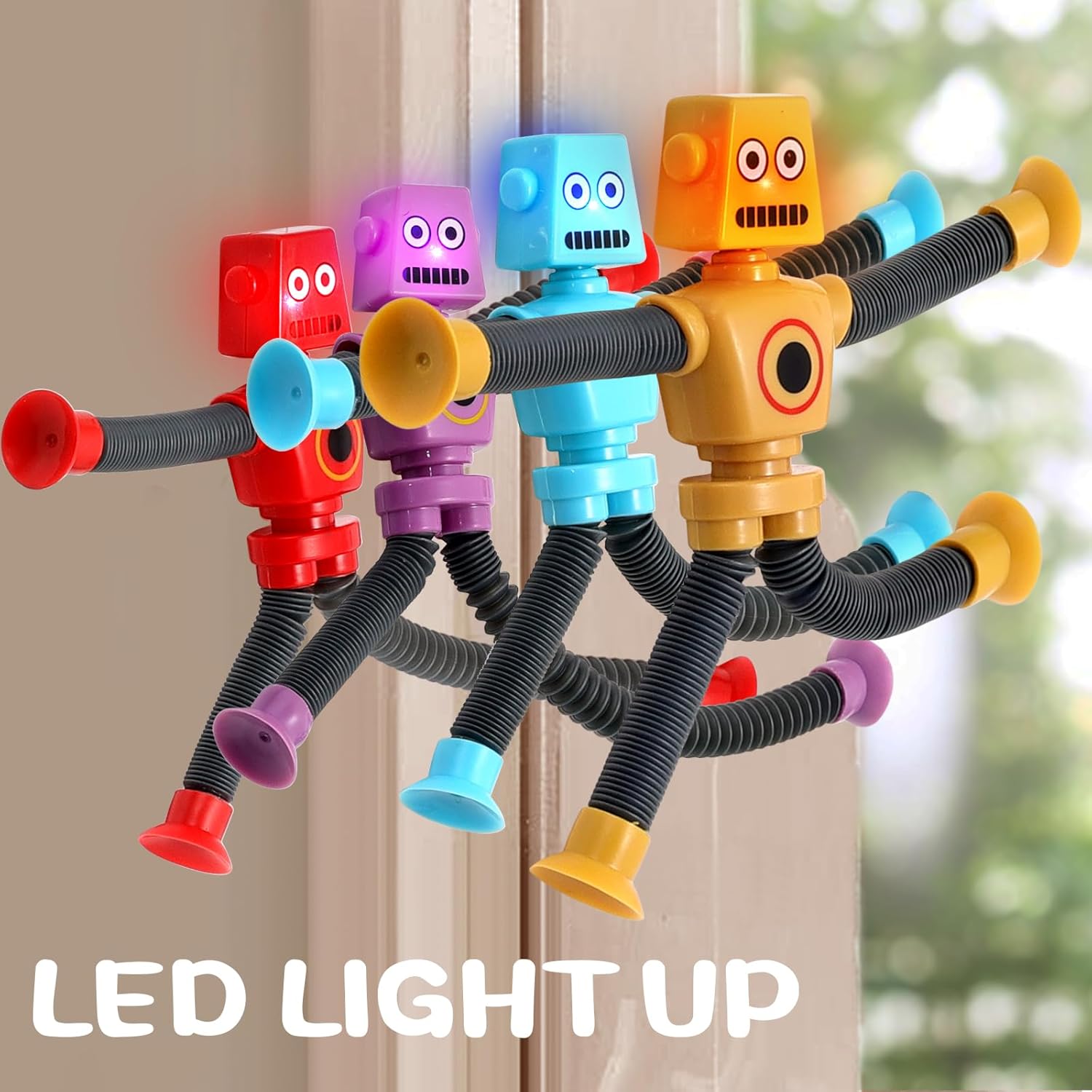 Pop Tubes Robot 4 Pcs LED Light Up for Toddlers Kids Boys Girls, Robot Sensory Telescopic Suction Cup, Autism Stress Relief Fidget Airplane Travel Toys Christmas Stocking Stuffers Party Favors Aged 3+