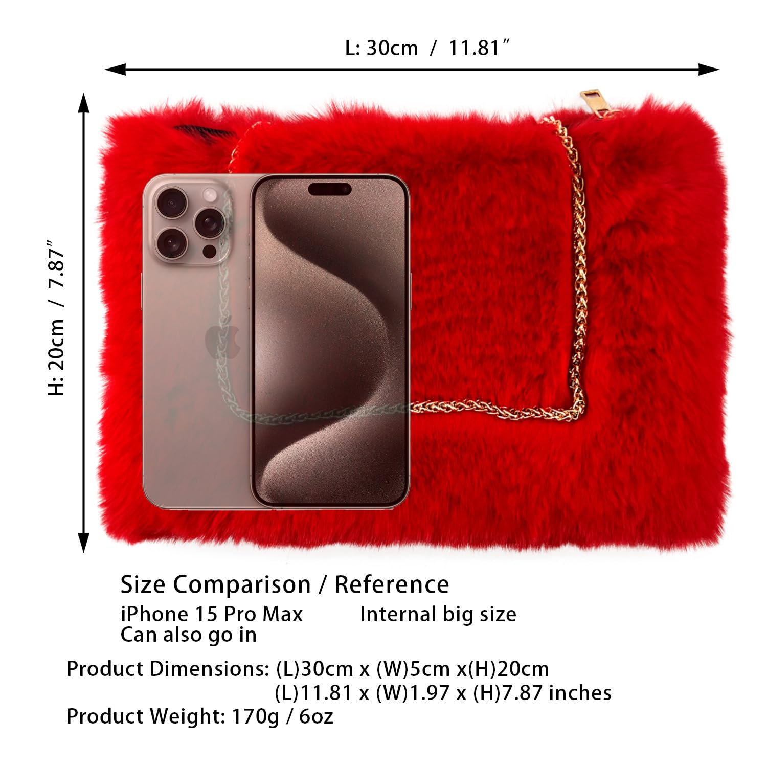 FHQHTH Faux Rabbit Fur Purse Fuzzy Handbags for Women Evening Handbags Al alloy Shoulder Strap [Rabbit Red]