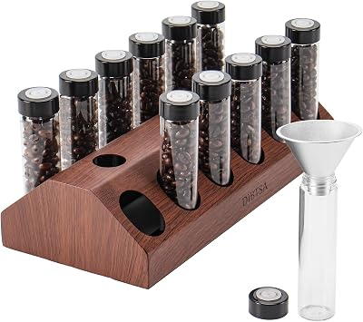 DIBTSA Coffee Bean Cellars, 12 Single Dose Espresso Beans Storage Container Tubes with One-Way Exhaust Valve, Display Stand and Mini-hopper
