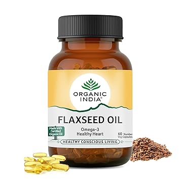 A TATA Product - Organic India Flaxseed Oil - 60 Veg Capsules, Natural Omega-3, Helps Reduce Cholesterol, Supports Healthy Skin, Hair & Nails, Joint Flexibility, GMP & NPOP Certified Organic - image, photos