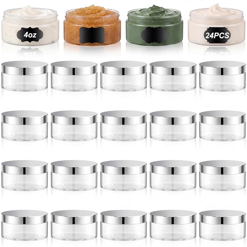 Dandat Frascos Cosméticos de PET Transparente com Tampas Prateadas e Etiquetas, Pacote com 24