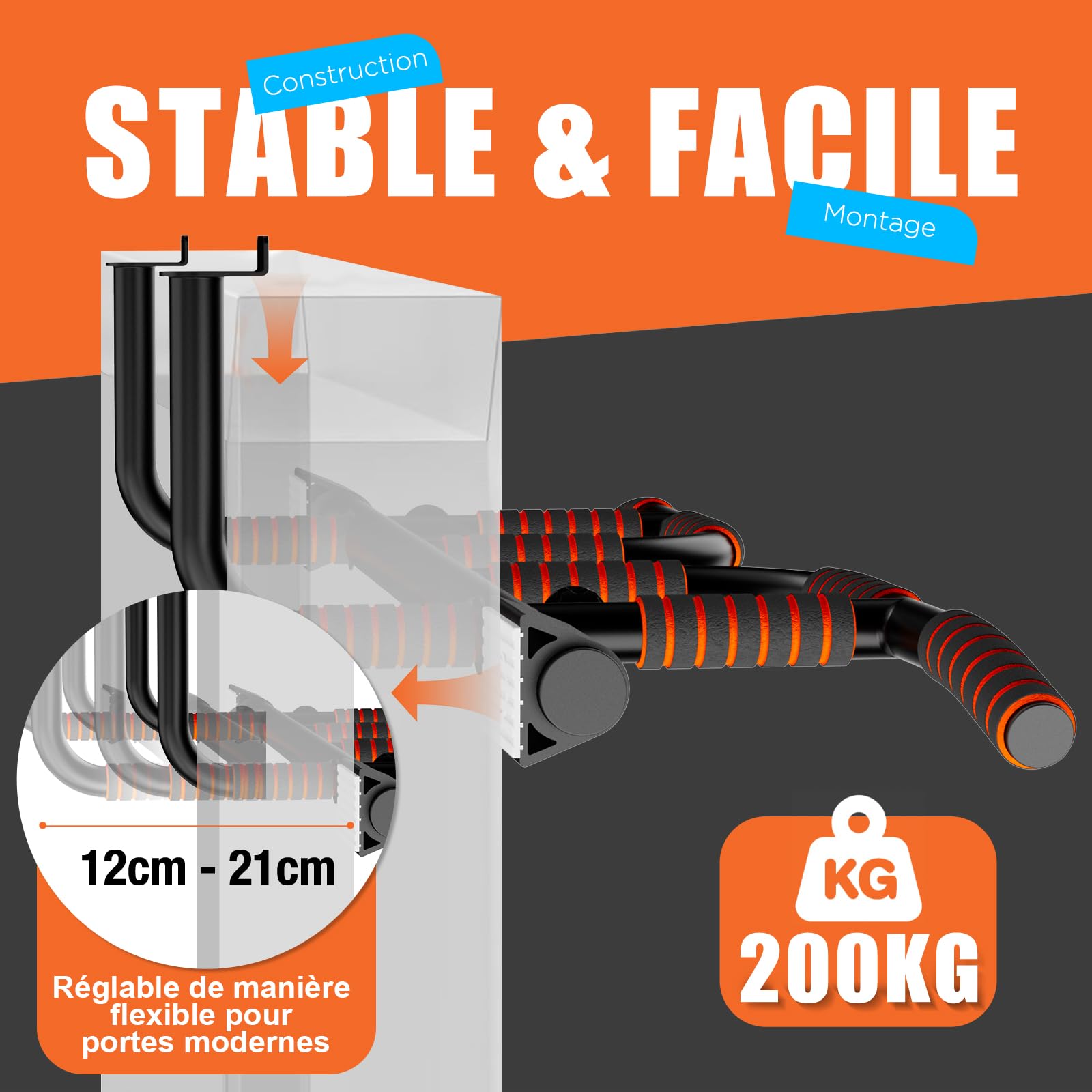 DH FitLife Barre de Traction pour Cadre de Porte sans Vis Antidérapante avec Multiprises | Pull Up Bar Doorway | Barre de Musculation à Suspendre | Pour Cadre de Porte 65-92 cm