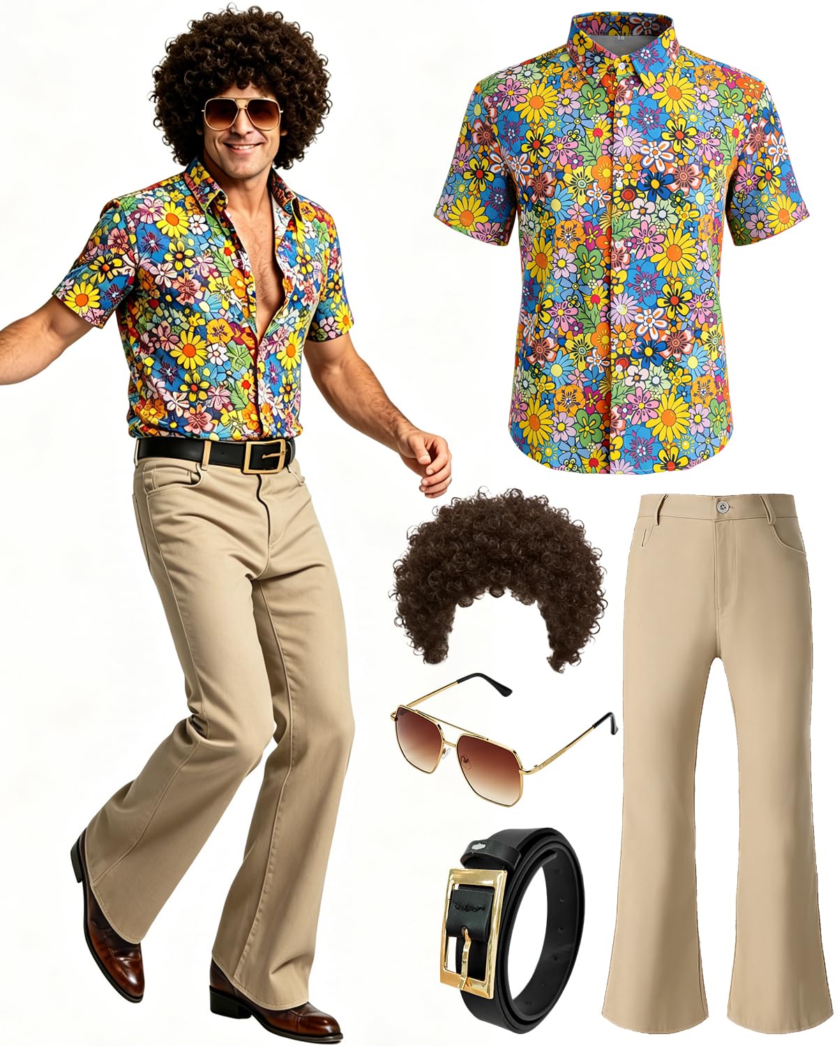minkasic Mens 70's Disco Outfit Retro 70s Mens Hippie Costume for Adults 70's Theme Clothes for Parties Yellow XXL