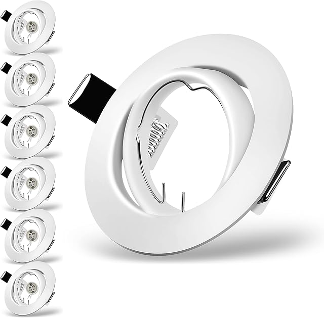 Modern GU10 Downlights for Ceiling, Round Matt White Metal Frame for Recessed Ceiling Lights, Tilt Swivel Spotlight - External Dimensions: 90mm, Cut-Out Hole Size:68-80 mm