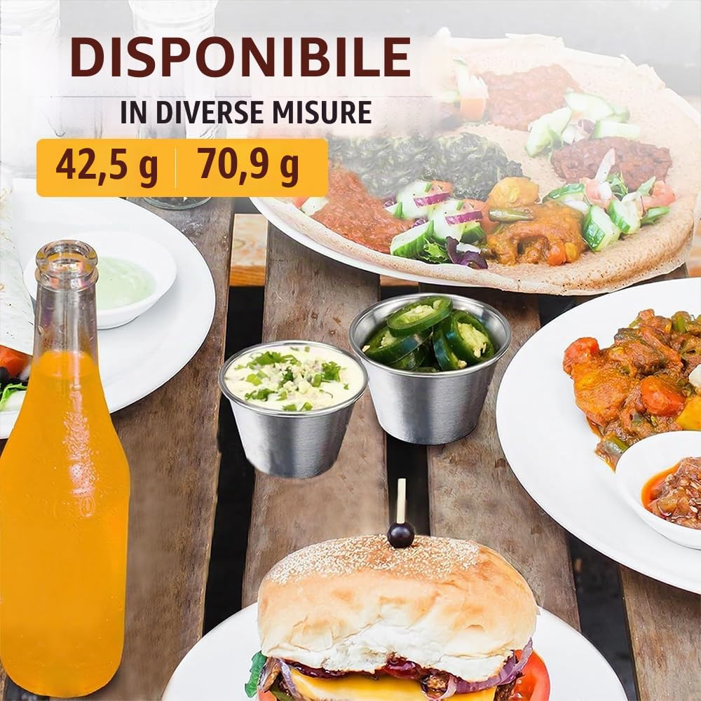 Set da 100 grandi coppette per salse in acciaio inox | Formato ideale da 2,5 oz (75 ml) per salse, ketchup, condimenti per insalata e settore della ristorazione.