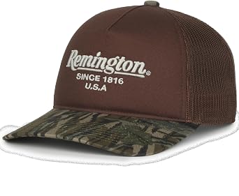 Remington Trucker Hat Mesh Back Cap with Mossy Oak Treestand Camo Visor, Adjustable Snapback, Brown, One Size