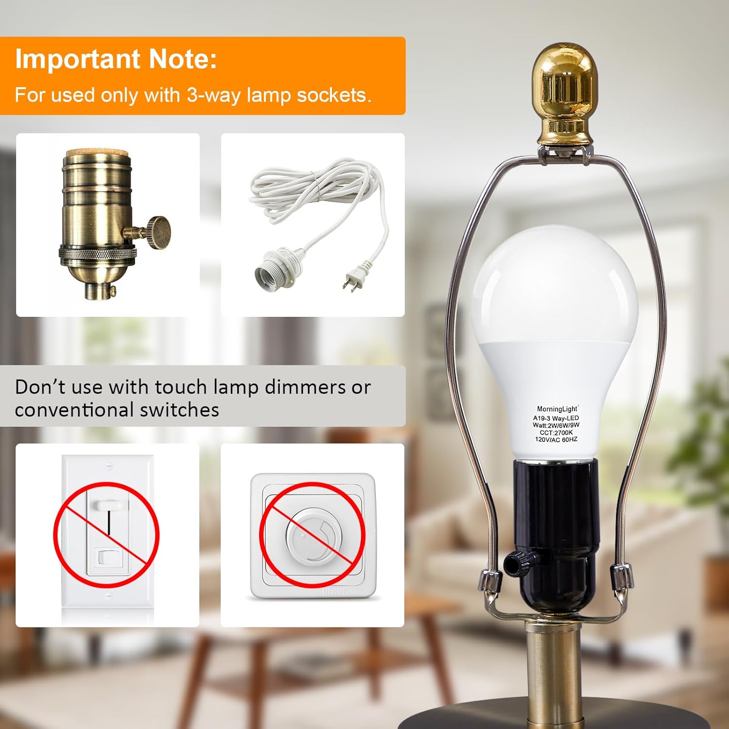 MorningLight 2 Pack A19 3-Way LED Light Bulbs 10 40 60Watt Equivalent, Warm White 2700K, Three Way Dimmable Light Bulbs for 3-Way Lamp Socket(Table Lamp/Desk Lamp) 150/550/800LM, NOT for Touch Lamp