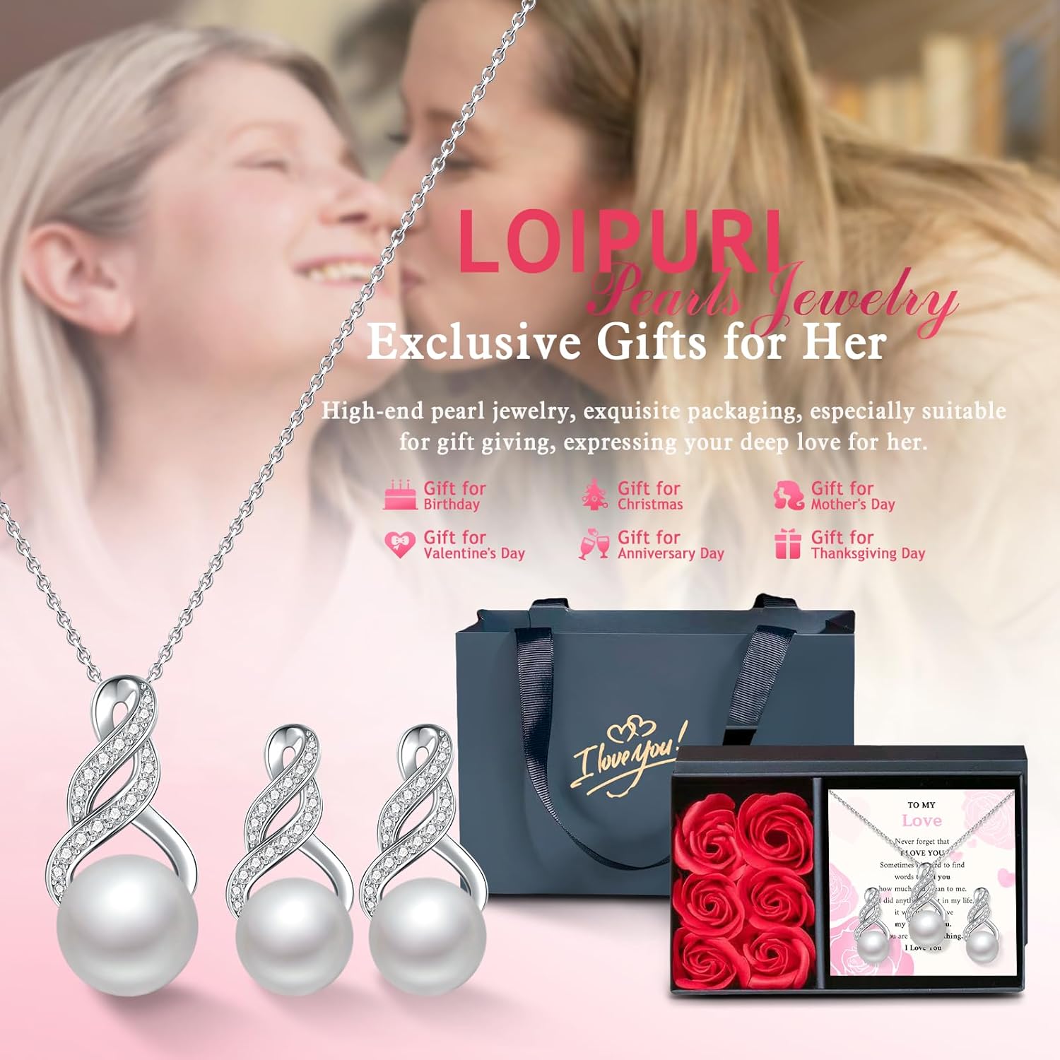 LOIPURI Gifts for Women-Pearl Necklace and Earring Set -925 Sterling Silver Jewelry Set- Birthday Valentines Day Anniversary or Christmas Gifts for Wife - Image 2