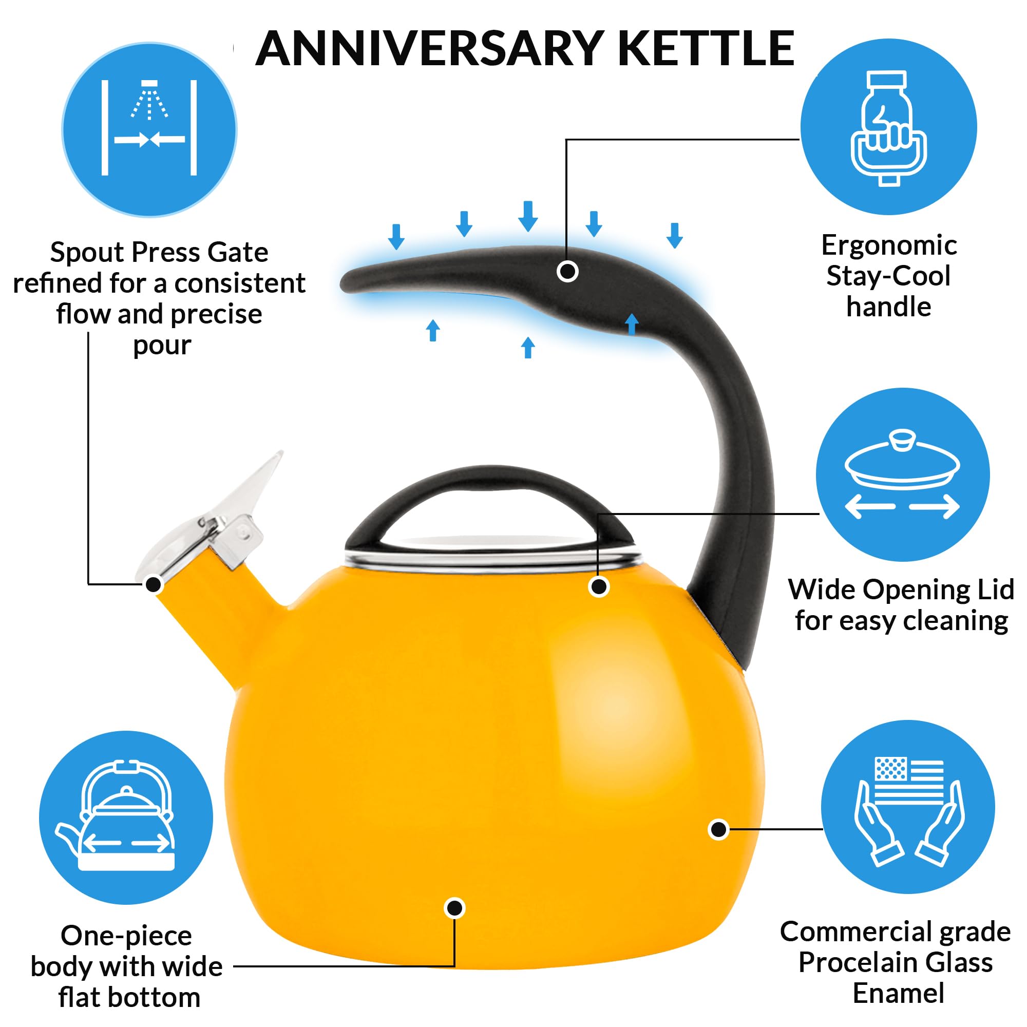 Chantal 40Th Anniversary Tea kettle, 2 Quart, Enamel Carbon steel, Whistling, Marigold, 1.9 Litres - Image 2