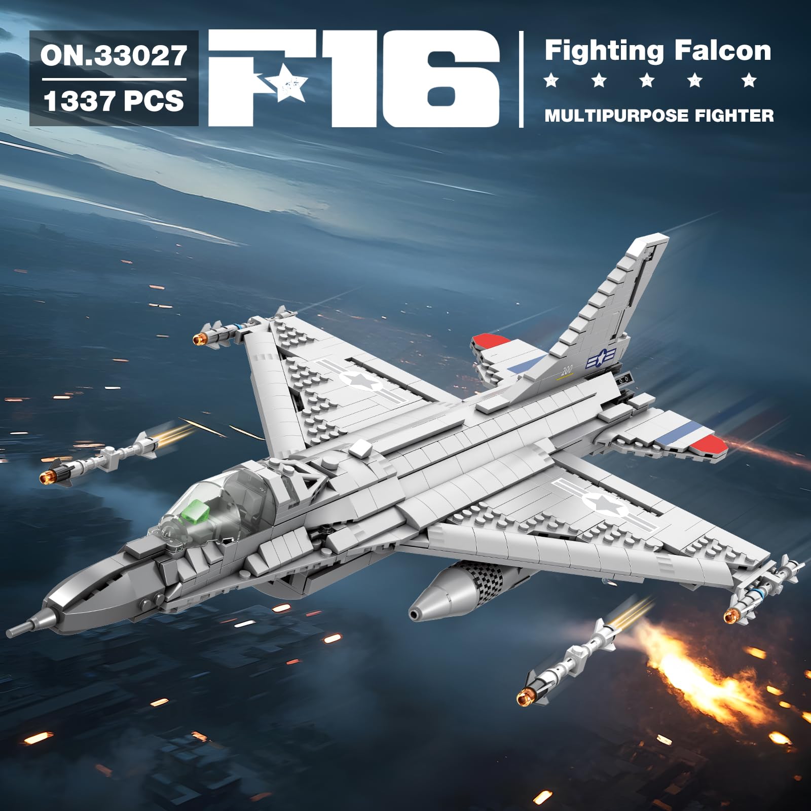 Reobrix Caccia F-16 Costruzione Set, Modello esposizione di caccia militare, Set di giocattoli dell'esercito con aereo Falcon Aeronautica Militare, 33027 Regali appassionati aviazione bambini 14+