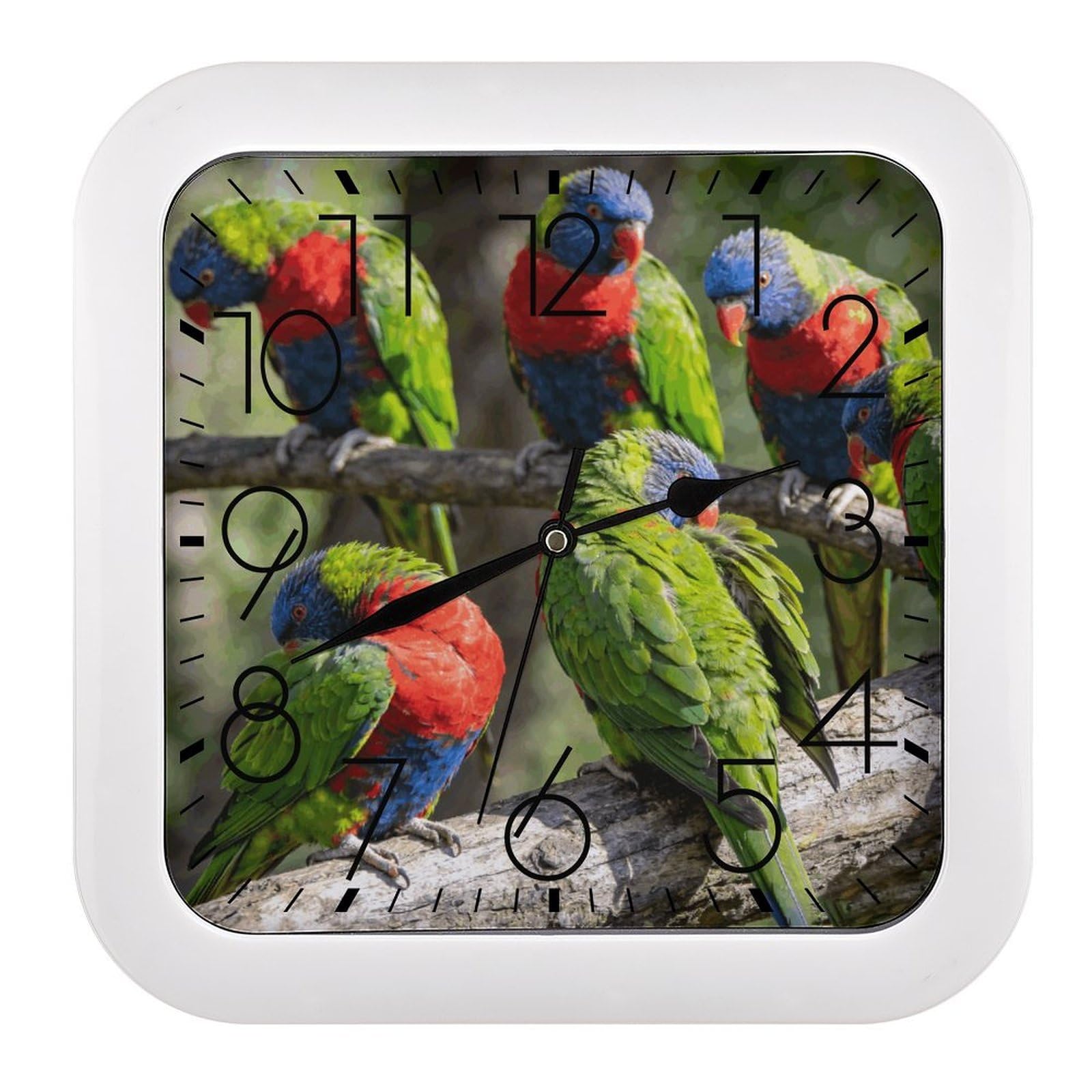 Fodpand Style Parrots Wall Clock,Battery Operated Modern Retro Rounded Square Clock Clock For Bedroom Living Room Office Home Gym Porch Decor Indoor Outdoor 10.2 * 10.2In