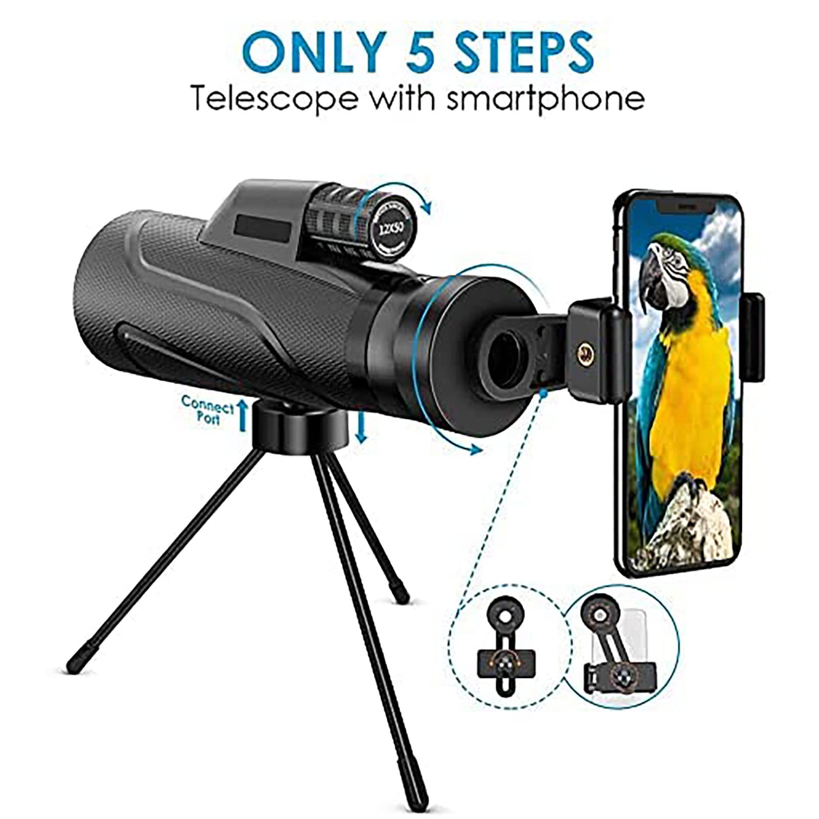 Telescopio monoculare 12x42, monoculare Impermeabile ad Alta Potenza HD, Compatto, Prisma BAK4, Lente FMC, con Adattatore per Smartphone e treppiede per Birdwatching