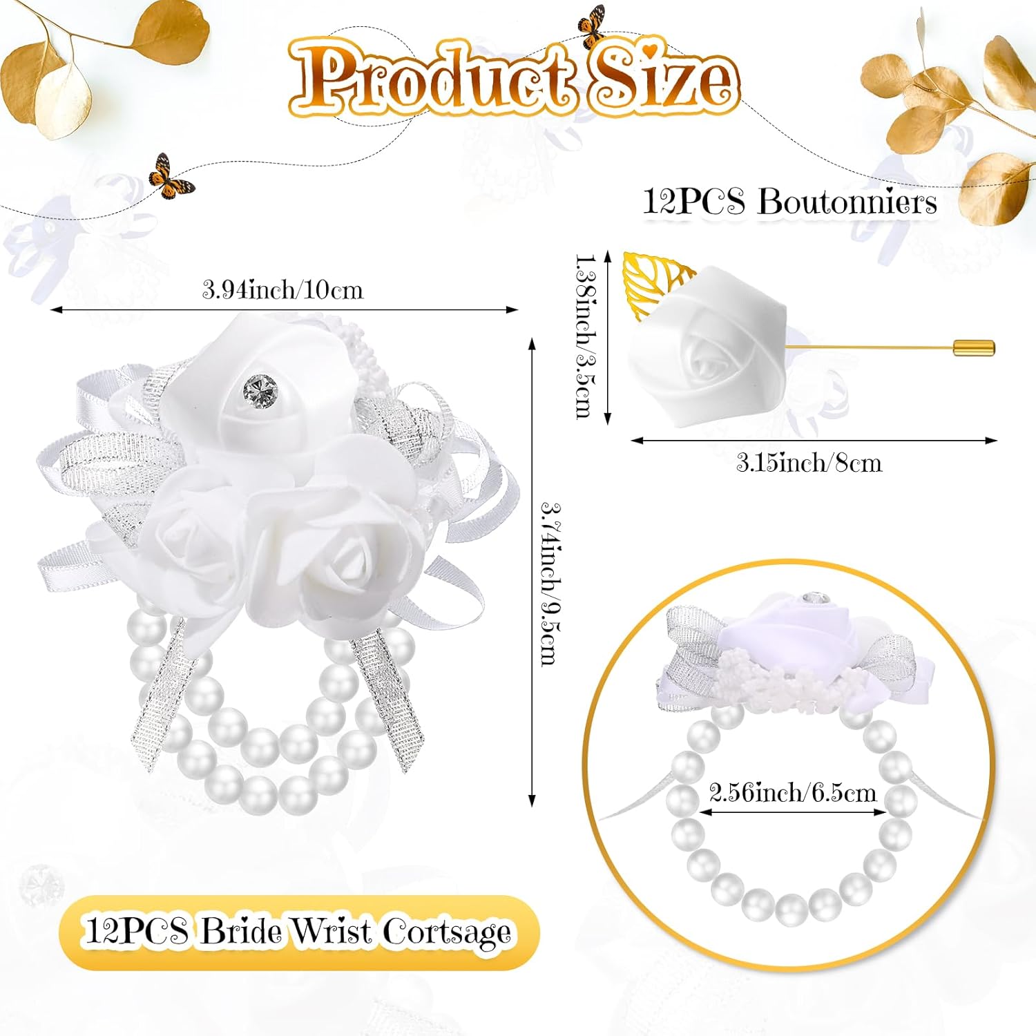 Tigeen 24 Pcs Wrist Corsage and Men's Boutonniere Set for Wedding Wristlet Corsage Hand Flower for Mother of Bride, Bridal, Bridesmaid Suit Decorations (White)