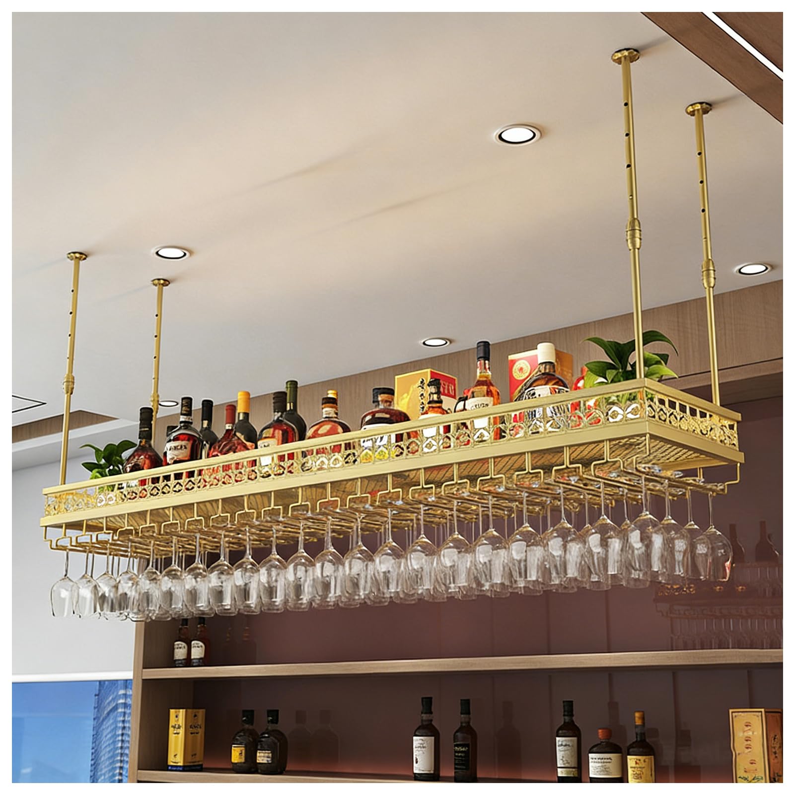 Ceiling-Mount Wine Rack,Hanging Stemware Holder for Bottles,Iron Floating Shelf for Kitchen– Adjustable Height (11.8"–23.6") Industrial Metal Shelf Glasses Holder for Bar Wine Cellar (Gold, 80x30cm)