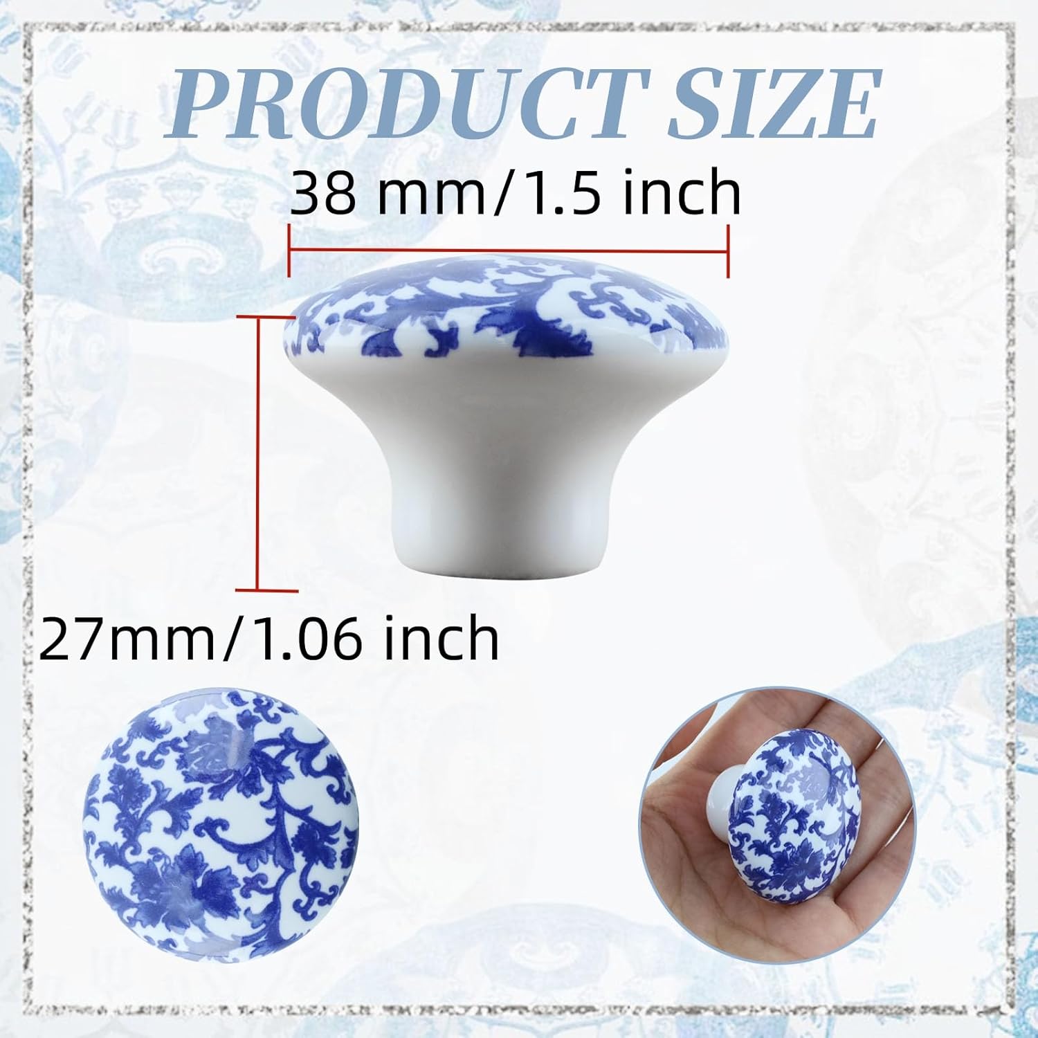 6 PCS Ceramic Knobs Cabinet Pull Vintage Blue Floral Drawer Knobs Handles for Home Kitchen Cupboard Dresser Wardrobe