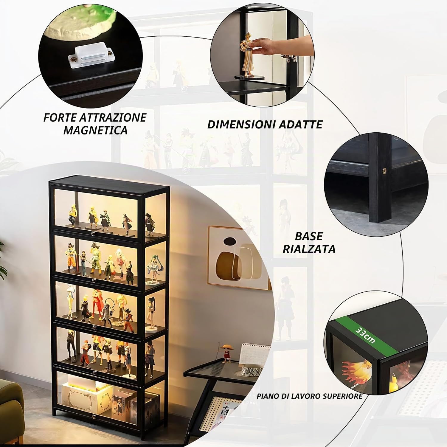 Armadio con porta in vetro acrilico, custodia di 5 livelli, Organizzatori di giocattoli da collezione Rack & Display Shelf, libreria per bambini per camera da letto (Coperchio nero)