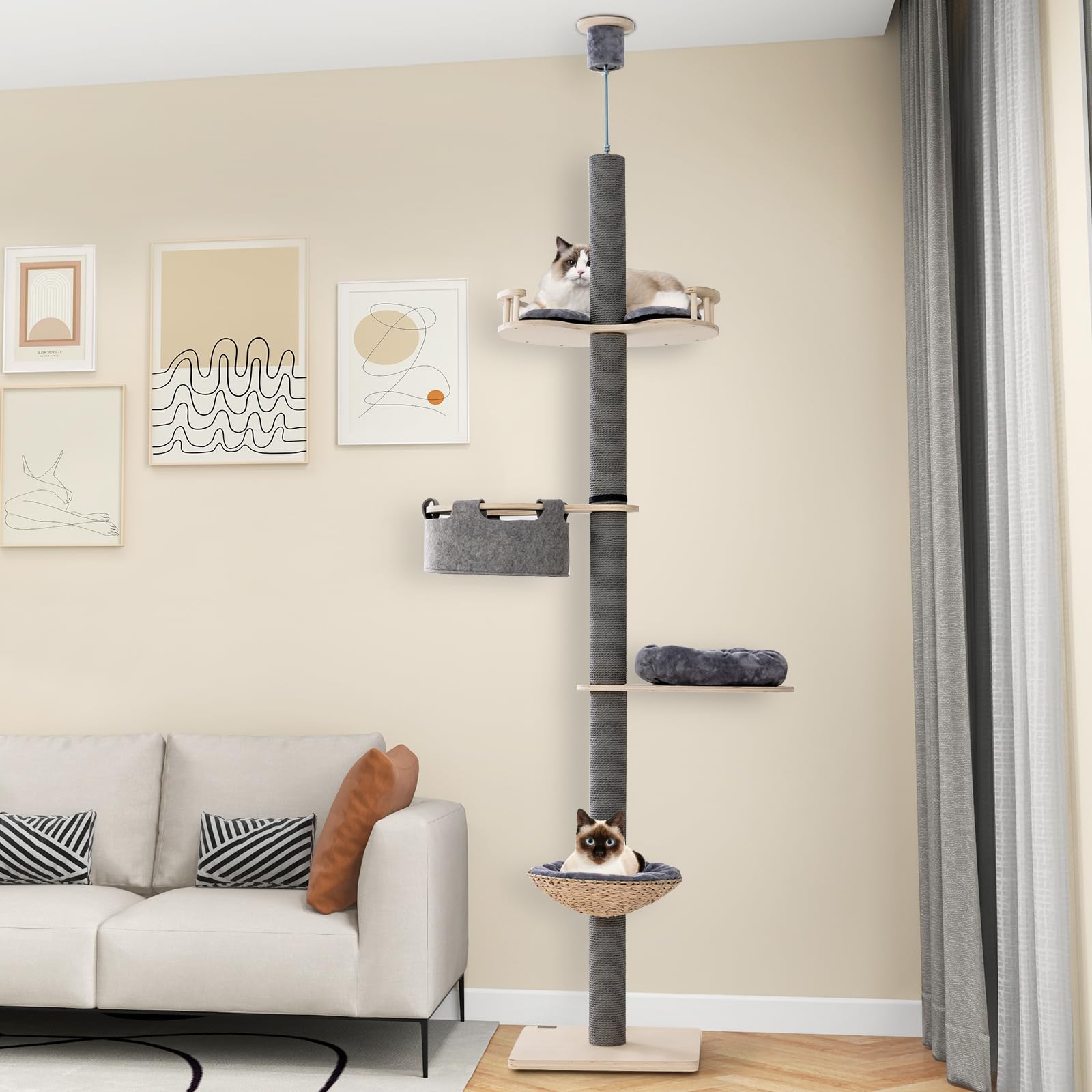 Tangkula Floor to Ceiling Cat Tree, Tall Cat Tower with Adjustable Height (93-107 Inch) for Large Cats, 5 Tier Cat Climbing Pole with Scratching Post, Cattail Basket Bed, Hammock for Indoor Cats