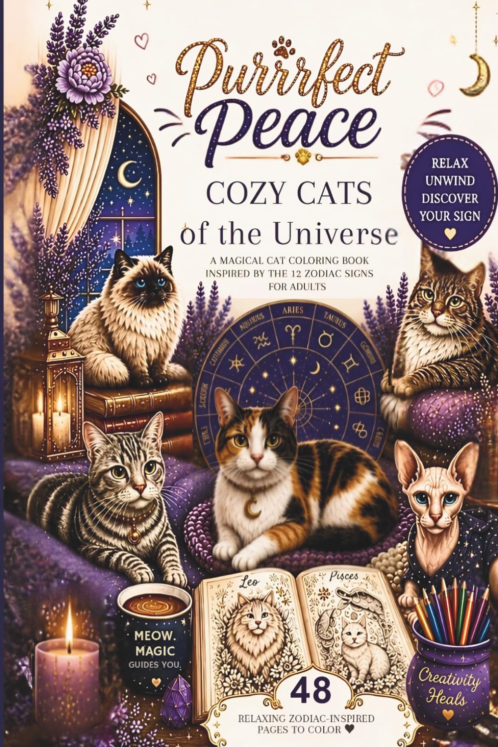 Purrfect Peace: Cozy Cats of the Universe, 48 Pages to color