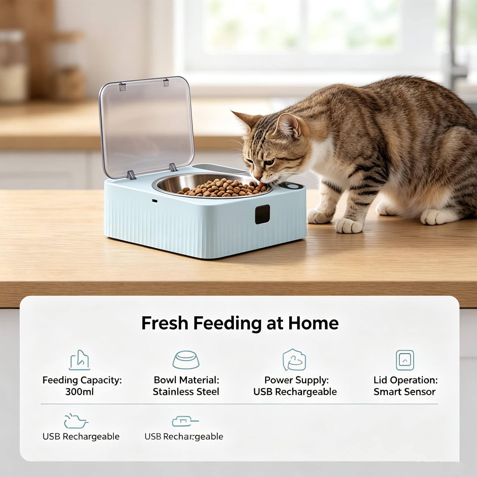 Automatic Pet Feeder Bowl with Sensor Lid Stainless Steel Cat Dog Bowls，1pc