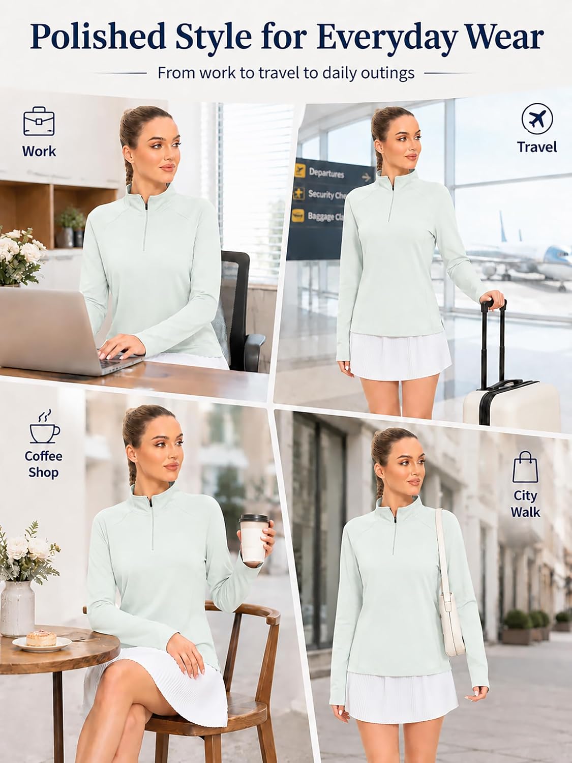 Womens Golf Quarter Zip Pullover Lightweight 1/4 Zip Mock Neck Athletic Top UPF 50+ Long Sleeve Golf Tennis Shirt