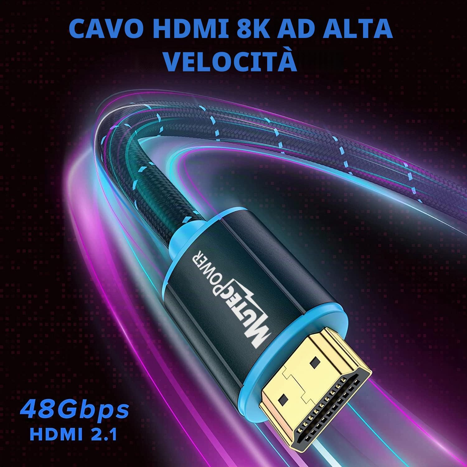 MutecPower 10 metri Cavo 8K HDMI 2.1V ad altissima velocità 48Gbps 8K@60Hz & 18Gbps 4K@120Hz con HDR, VRR e eARC - 26 AWG omologato UL Cavo maschio a maschio da 10m Blu/Nero intrecciato