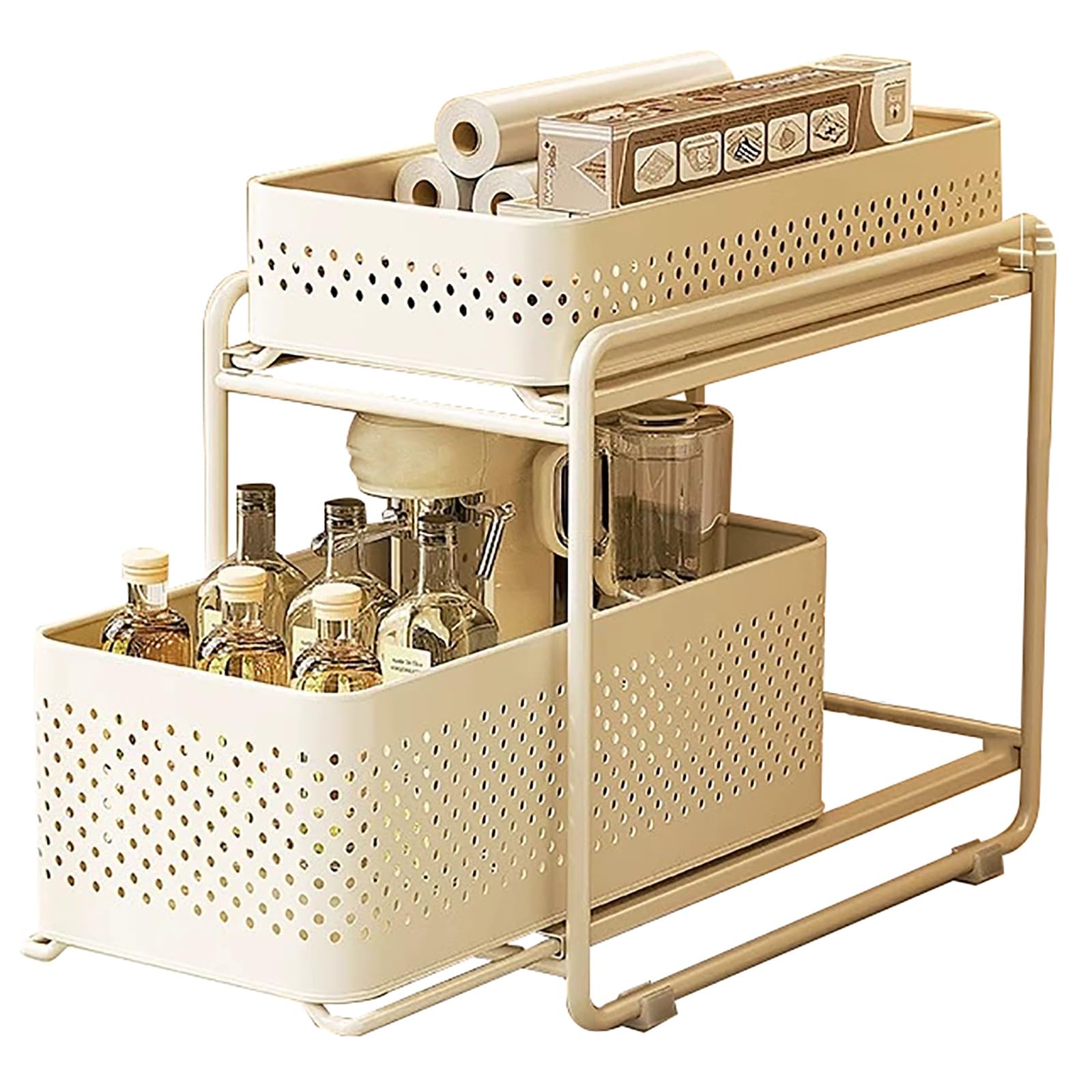 Mensola Portaoggetti Scorrevole a 2 Livelli per Cucina, Organizer Sottolavello, Cesto in Rete con Maniglia per Bagno(Small)