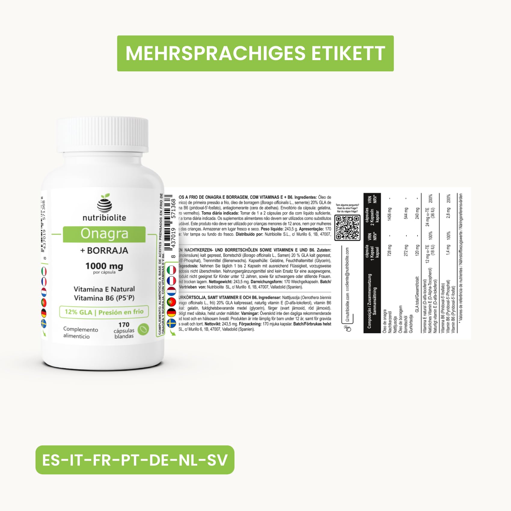Nachtkerze + Borretsch 1000 mg - 12% GLA, Natürliches Vitamin E und B6 P5P für Hormonelles Gleichgewicht, PMS, Menopause und Hautgesundheit - 170 Perlen - kaltgepresst | Nutribiolite