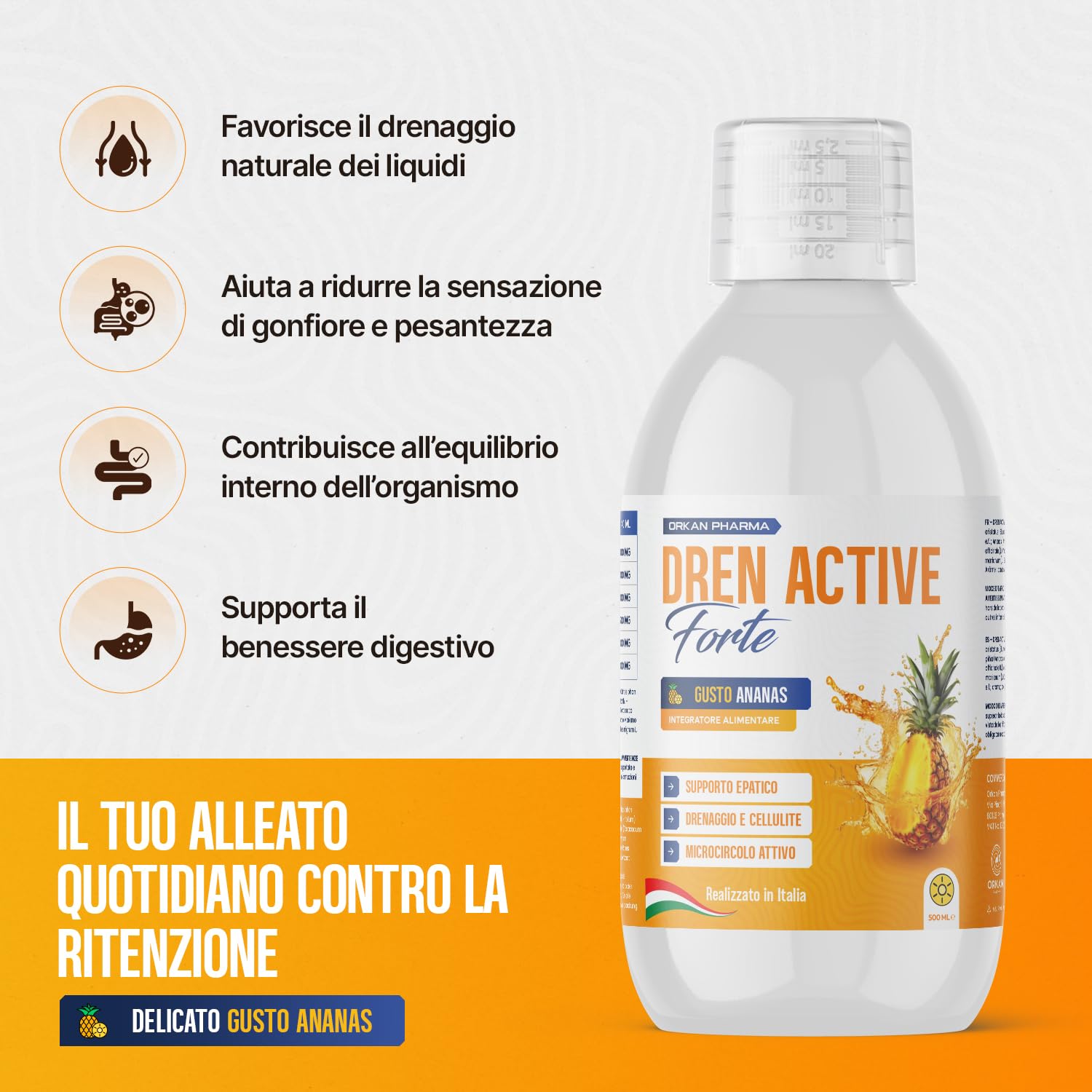 Diuretico Drenante Forte Dimagrante Detox per Ritenzione Idrica Potente Anticellulite Glutei e Gambe 500 ML Gusto Ananas Made in Italy