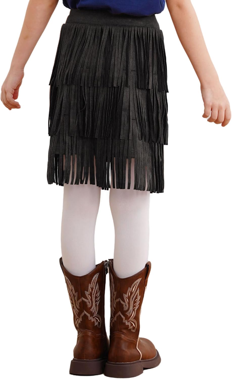Kids Girls Layered Tassels Faux Suede Skirt Latin Salsa Rumba Ballroom Dance Skirt Cowgirl Dress Up