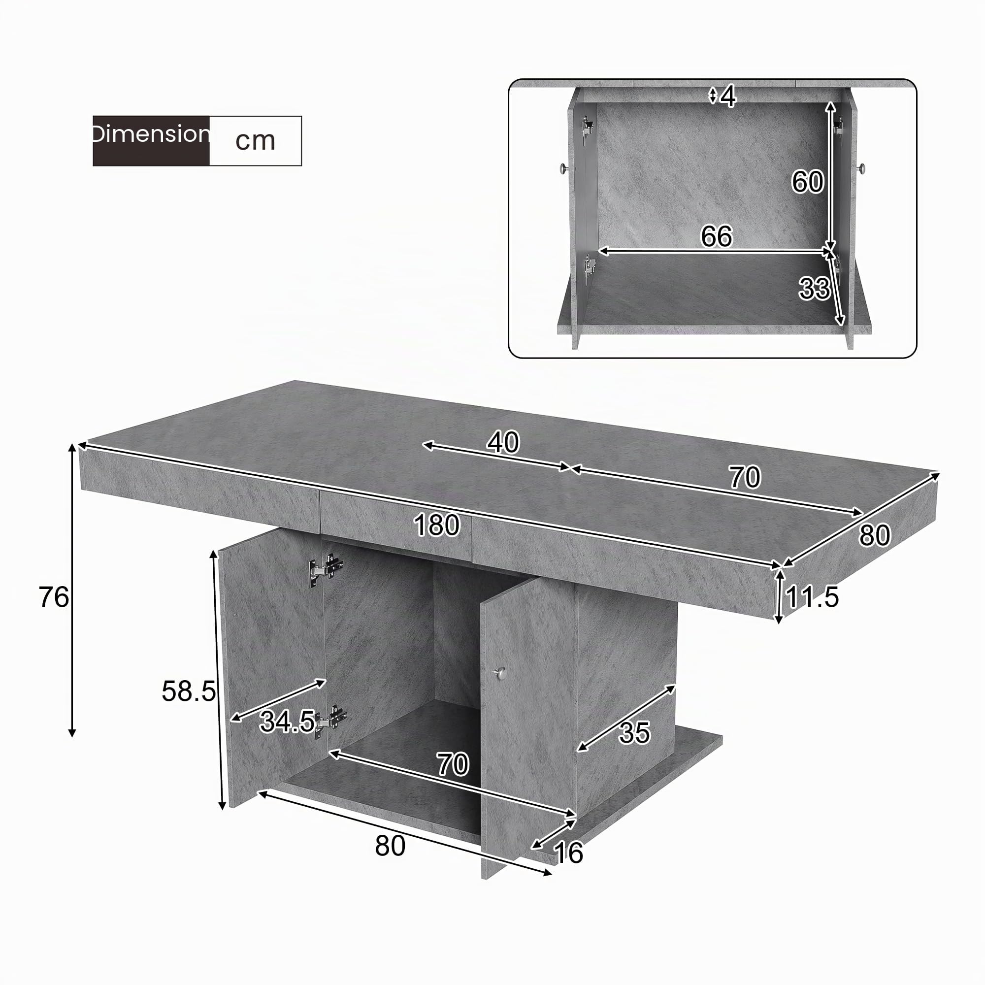 Soweiz Tavolo da pranzo allungabile con vano portaoggetti, salvaspazio, multifunzione telescopico automatico, L140/180 x 80 x 76 cm (effetto calcestruzzo)
