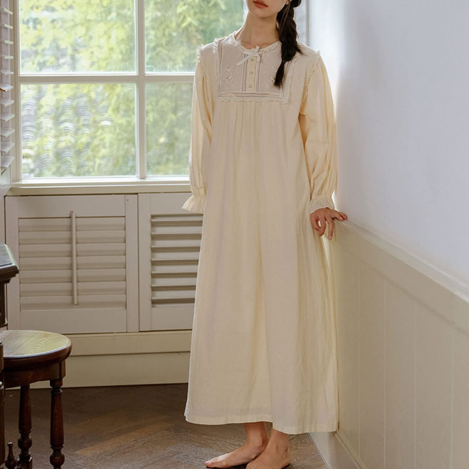OFFSUM Camisón De Pijama De Mujer - Algodón Vintage Elegante Bordado Jacquard Vestido Suave Dulce Camisón Primavera Otoño Moda Casual Lencería Camisón