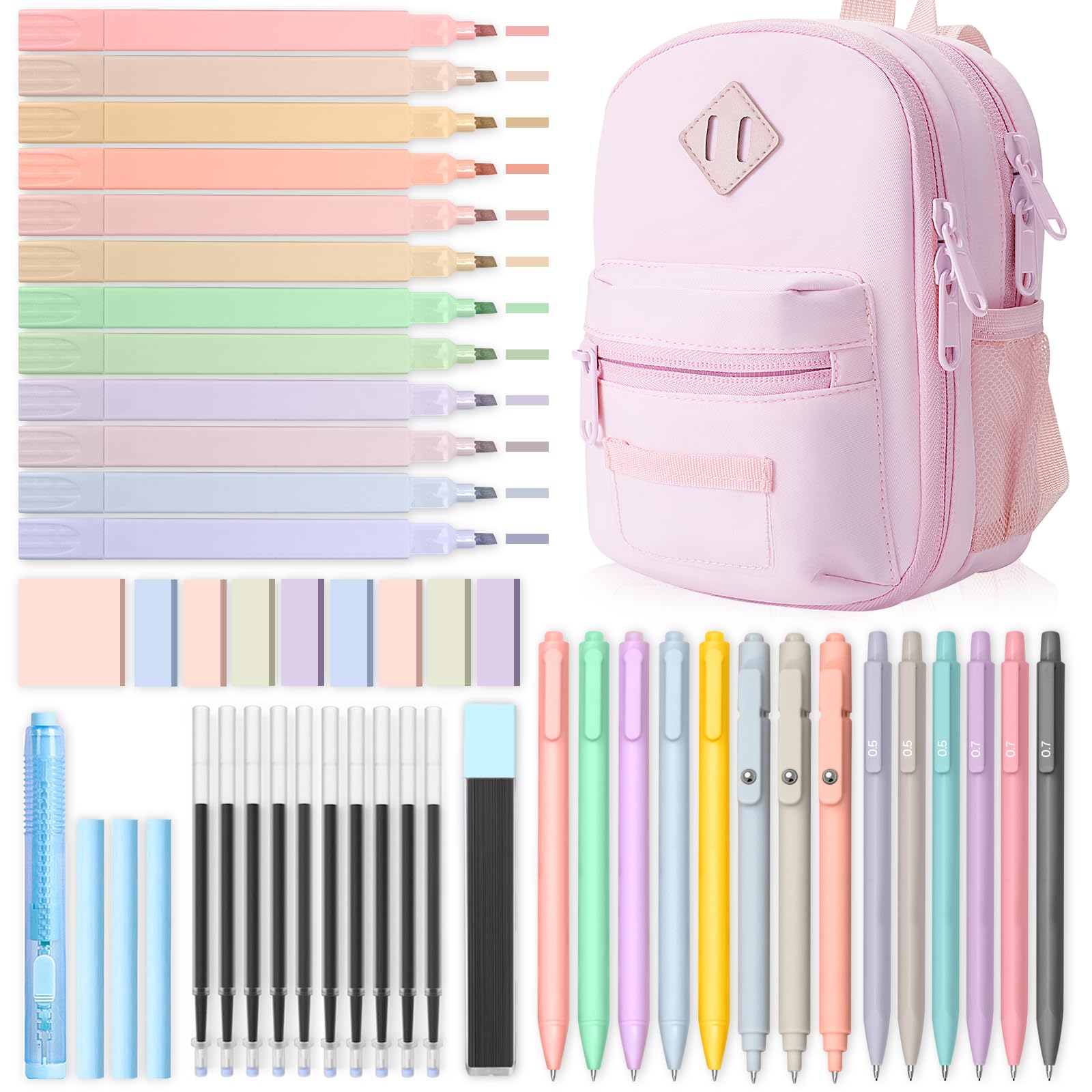 51 PCS Aesthetic School Supplies with Cute Pencil Case, 12 Pastel Highlighters, 8 Quick Dry Retractable Black Ink Pens, 6 Pastel Mechanical Pencil Student Stationary Bible Study Supplies (Pink)