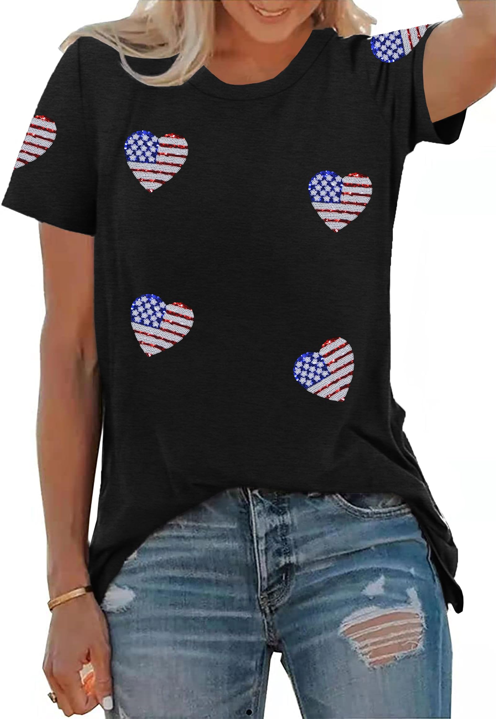 American Flag Heart Shirts for Women 4th of July T-Shirt Graphic Patriot Tee USA Flag Shirt Tops