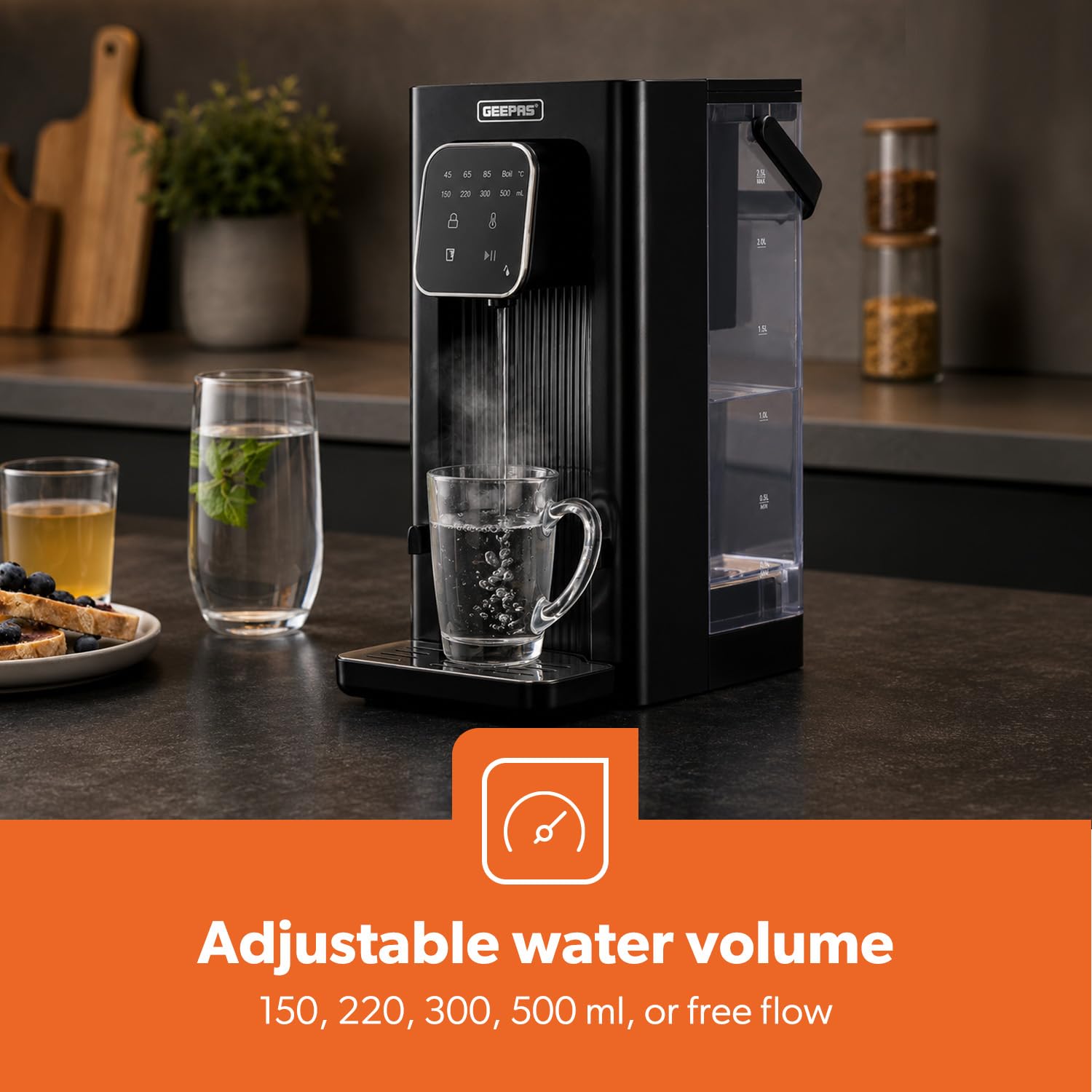 GEEPAS Distributeur d'eau instantané 2,6 KW | Filtre Strix Réservoir de 2,5 L | Température réglable (45/65/85) et Volume | Panneau Tactile LED Indicateur LED Plateau d'égouttement Amovible |