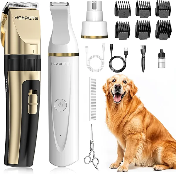 HEAPETS Dog Hair Clippers for Grooming Kit and Dog Paw Trimmer Nail Grinder for Grooming, Low Noise Rechargeable Cordless, Shaver Grooming Supplies for Pet Cats Dogs (Gold, White)