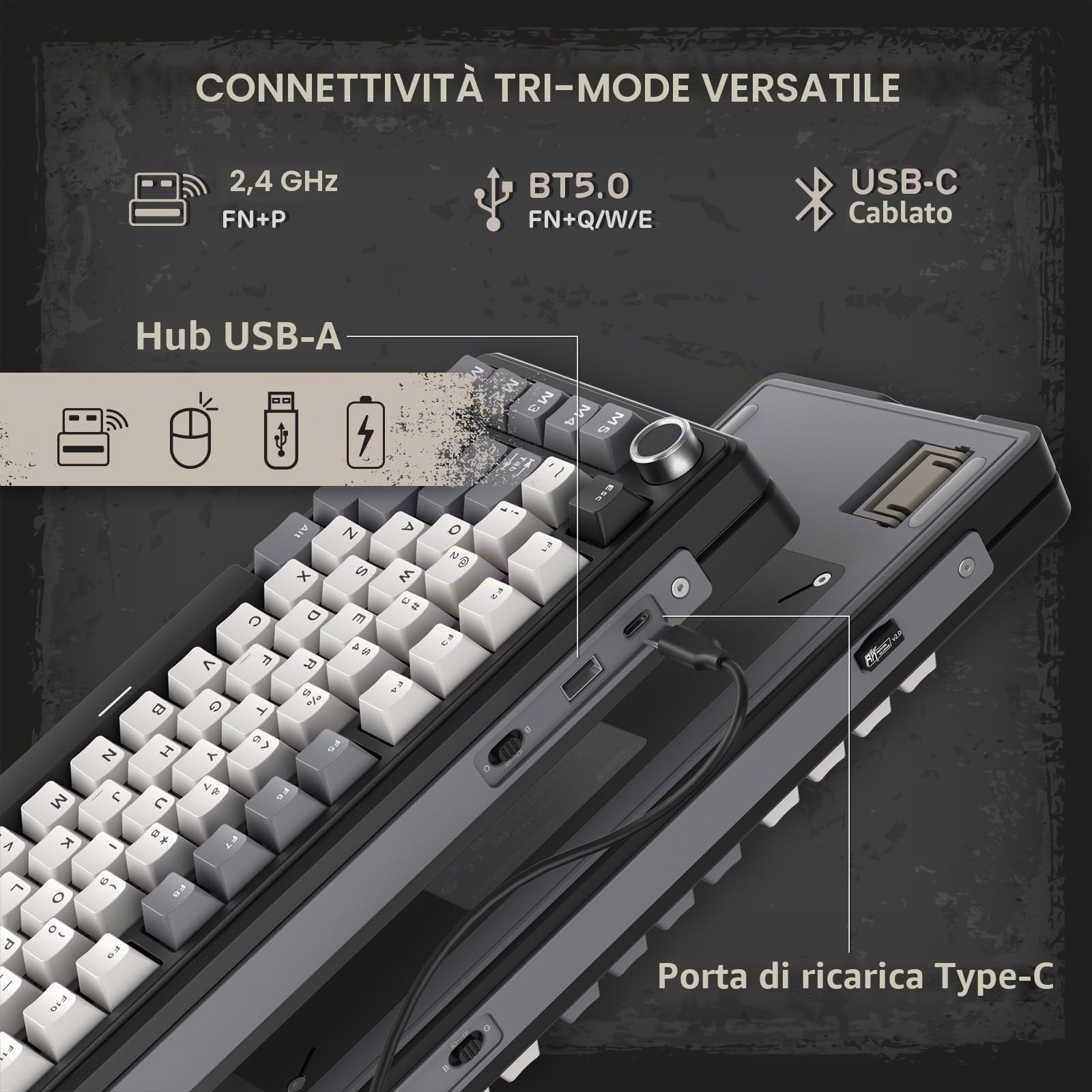 RK ROYAL KLUDGE Tastiera meccanica da gioco RGB con guarnizione wireless L75 w/manopola | Massive 8000mAh PBT Tastiera Meccanica w/Macro Tasti & Targhetta Touchable, Hot-Swap 75% TKL Wireless Keyboard BT/2.4G/USB-C