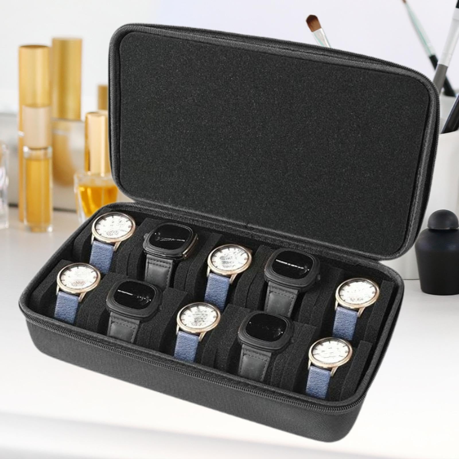 Boîte de rangement de montres et de voyage pour 10 montres, boîte de présentation portable avec coussins en éponge, convient aux montres numériques et intelligentes