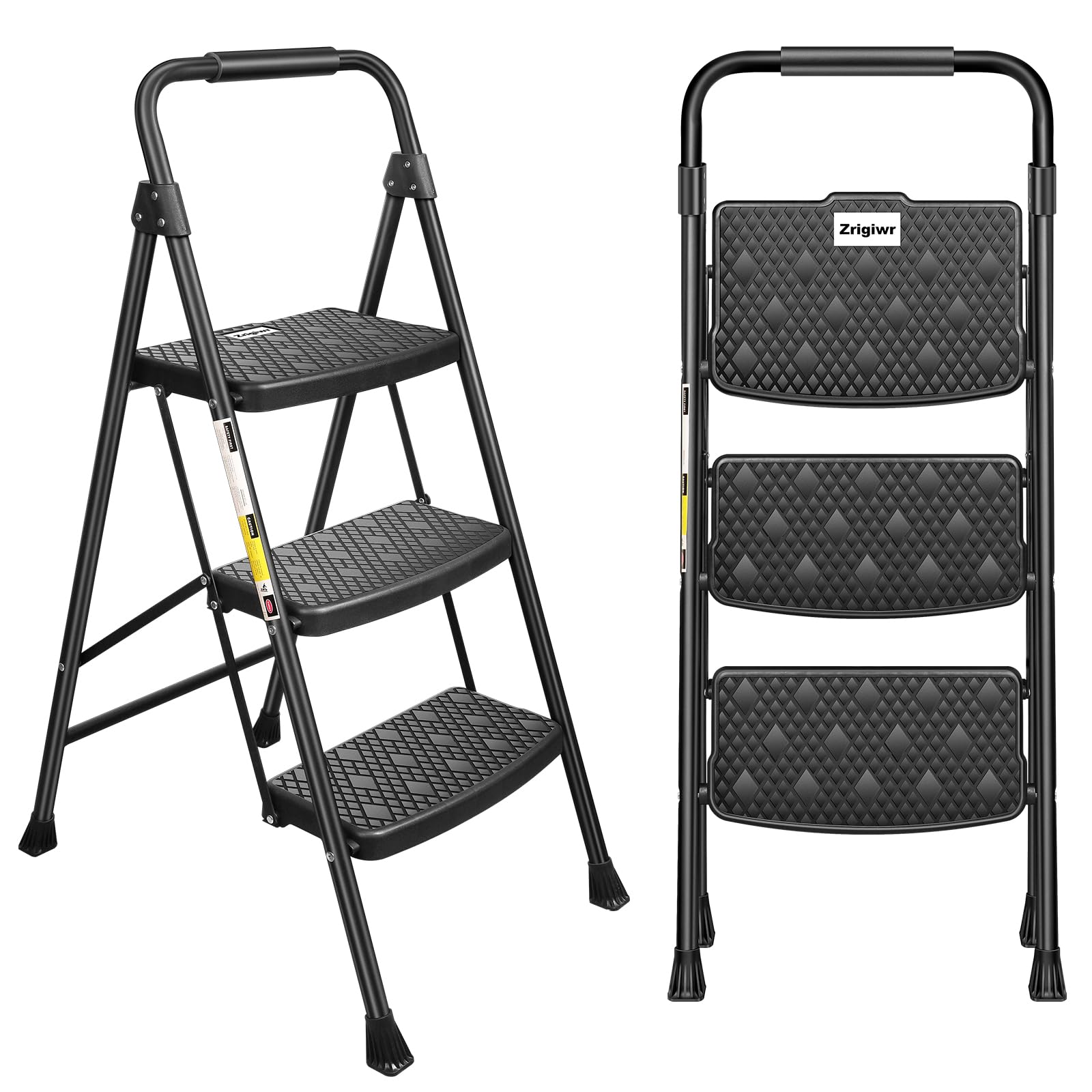 3 Step Ladder, Collapsible Non-Slip Treads Sturdy Steel Ladder, Portable Home Step Stool, Safe and Comfortable Handrail Anti-Rear Angle Safety Buckle Wide Non-Slip Treads, Holds Up to 330 LBS
