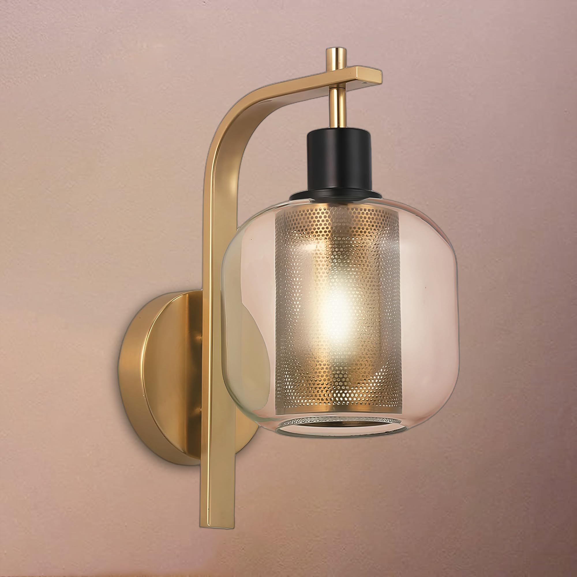KRASTY Gold Wall Sconce, Antique Brass Sconces, Vintage Industrial Single Globe Sconce Wall Light Fixture with Clear Glass Shade for Bathroom, Living Room, Bedroom, Hallway, Indoor
