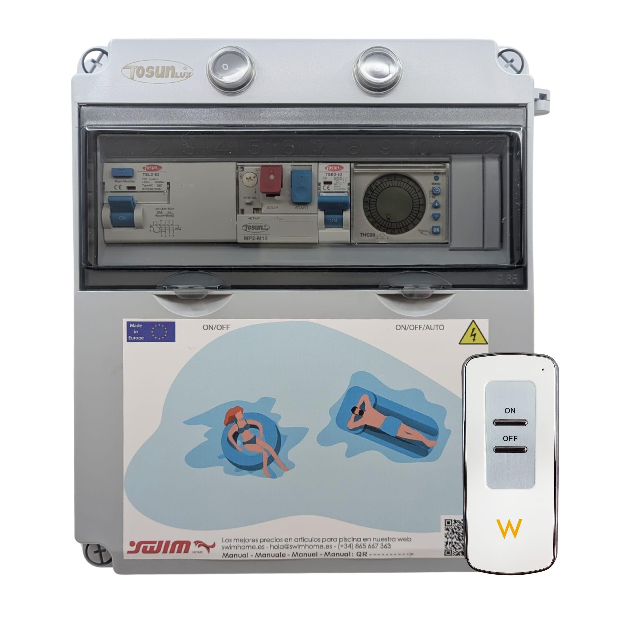 SWIMHOME Cuadro eléctrico para Piscina con Bomba trifásica, Transformador 12V AC 300W y Control Remoto para iluminación (Bomba más de 2CV (9-14A))