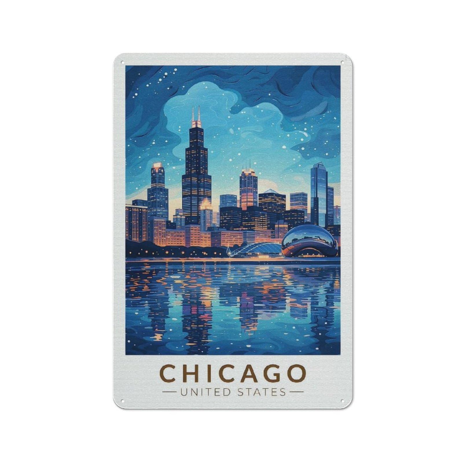 Junmoney Style-20 Garage Style Chicago Skyline At Night Retro Metal Sign 30X20cm, Workshop Wall Decor For Workshop, Basement, Shed Or Games Room
