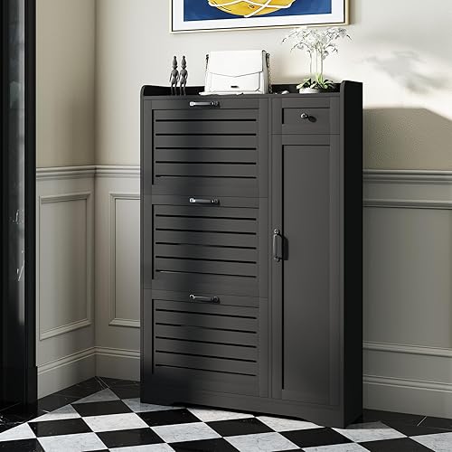 Miniatura 9 de Armario estrecho de almacenamiento de zapatos con 3 cajones abatibles, puertas y estantes ajustables, armario delgado para armario de entrada, Blanco