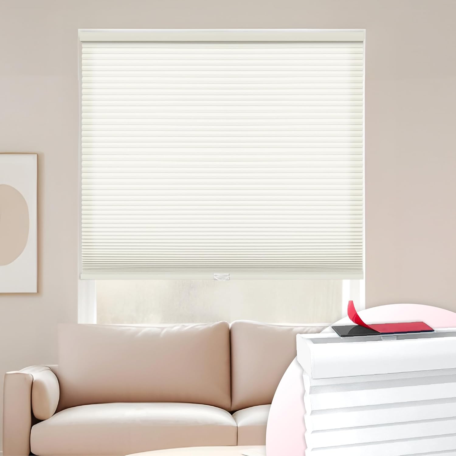 DEZ FURNISHINGS EZ Stick No Drill No Tools Cordless 1" Light Filtering Cellular Shade, 26" W x 48" H, Cream