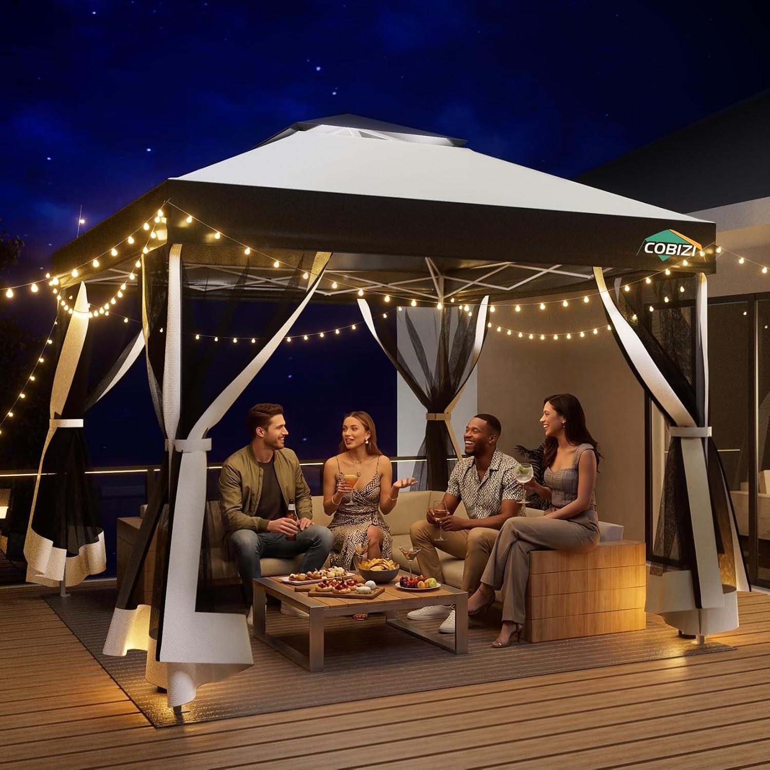 COBIZI 10x10 Pop up Gazebo, One-Push Setup Canopy Tent with Mosquito Netting & Vented Roof Design, Upgrade Metal Easy up Canopy Carpa Outdoor Gazebos for Backyard Camping Deck Beach(White & Gray)