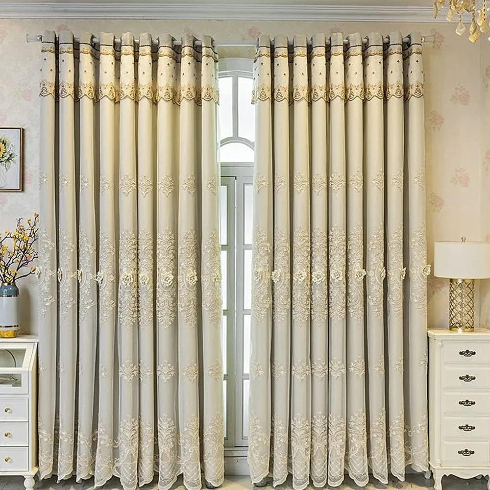 Cortinas bordadas de lujo con doble capa y cenefa de alta costura europea